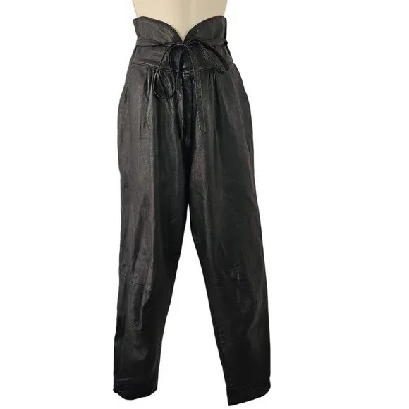 90s High Waist Leather Pants Laced Belt Slash Pockets Curved Hem Womens 26 Black - Picture 2 of 11